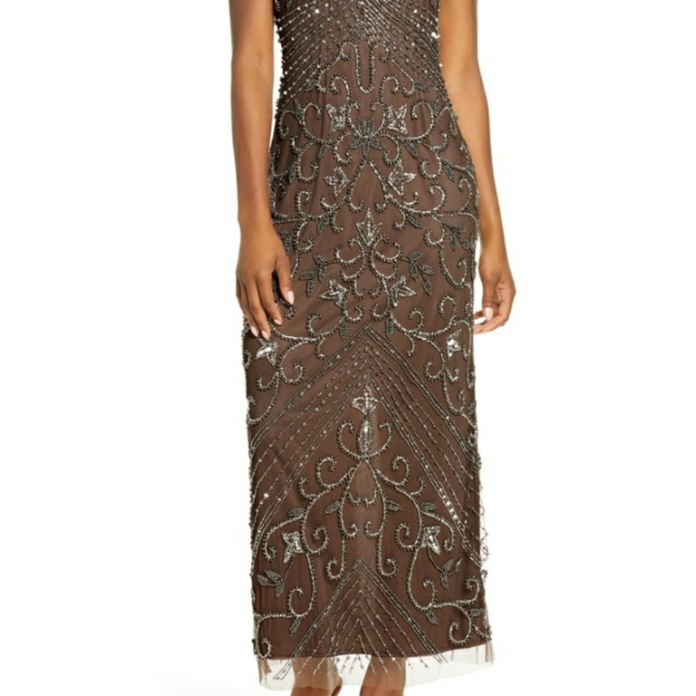 Beaded mesh column gown. Mocha brown Pisarro Nights brand. Size 16